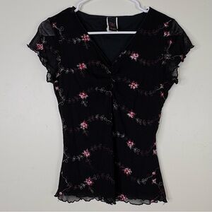 Wrapper Y2K Black Floral Mesh Juniors Top XL Goth Fairycore Festival small